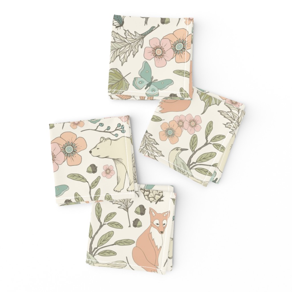 Autumn Pastel - Large - Cream … woodland, baby, nursery, pastel, bear, fox, bird, moth, butterfly, blush, peach, aqua, mint, toile