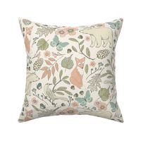 Autumn Pastel - Large - Cream … woodland, baby, nursery, pastel, bear, fox, bird, moth, butterfly, blush, peach, aqua, mint, toile