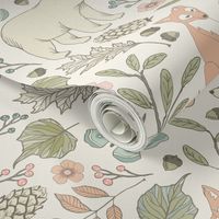 Autumn Pastel - Large - Cream … woodland, baby, nursery, pastel, bear, fox, bird, moth, butterfly, blush, peach, aqua, mint, toile