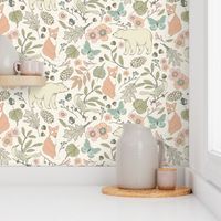 Autumn Pastel - Large - Cream … woodland, baby, nursery, pastel, bear, fox, bird, moth, butterfly, blush, peach, aqua, mint, toile