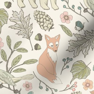 Autumn Pastel - Large - Cream … woodland, baby, nursery, pastel, bear, fox, bird, moth, butterfly, blush, peach, aqua, mint, toile