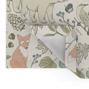 Autumn Pastel - Large - Cream … woodland, baby, nursery, pastel, bear, fox, bird, moth, butterfly, blush, peach, aqua, mint, toile