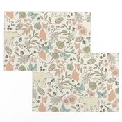 Autumn Pastel - Large - Cream … woodland, baby, nursery, pastel, bear, fox, bird, moth, butterfly, blush, peach, aqua, mint, toile