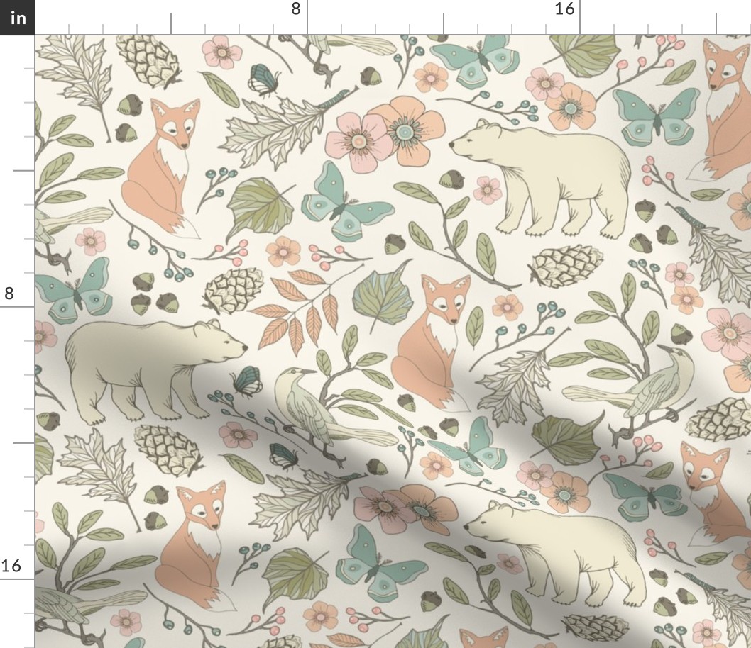 Autumn Pastel - Large - Cream … woodland, baby, nursery, pastel, bear, fox, bird, moth, butterfly, blush, peach, aqua, mint, toile