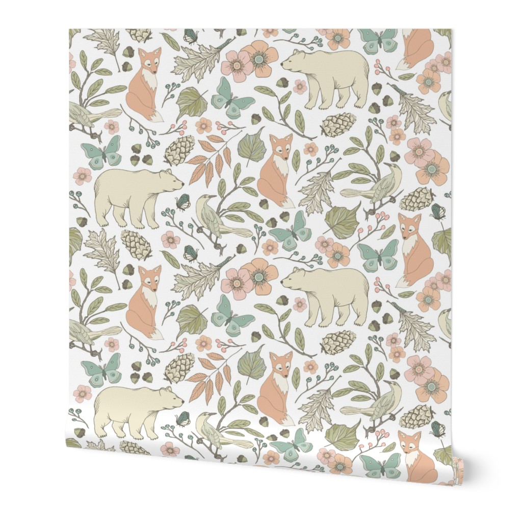 Autumn Pastel - Large - White … woodland, baby, nursery, bear, fox, bird, butterfly, moth, blush, aqua, toile