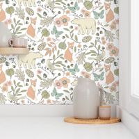 Autumn Pastel - Large - White … woodland, baby, nursery, bear, fox, bird, butterfly, moth, blush, aqua, toile