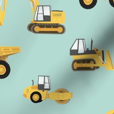 (large scale) construction trucks - yellow on dark mint