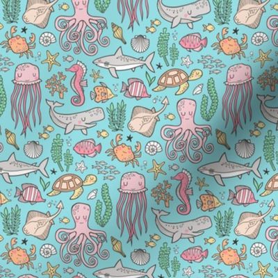 Ocean Marine Sea Life Doodle with Shark, Whale, Octopus, Yellyfish, Seaturtle on Blue Smaller