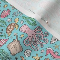 Ocean Marine Sea Life Doodle with Shark, Whale, Octopus, Yellyfish, Seaturtle on Blue Smaller