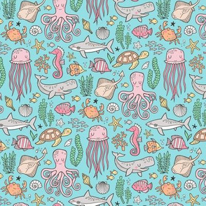 Ocean Marine Sea Life Doodle with Shark, Whale, Octopus, Yellyfish, Seaturtle on Blue Smaller