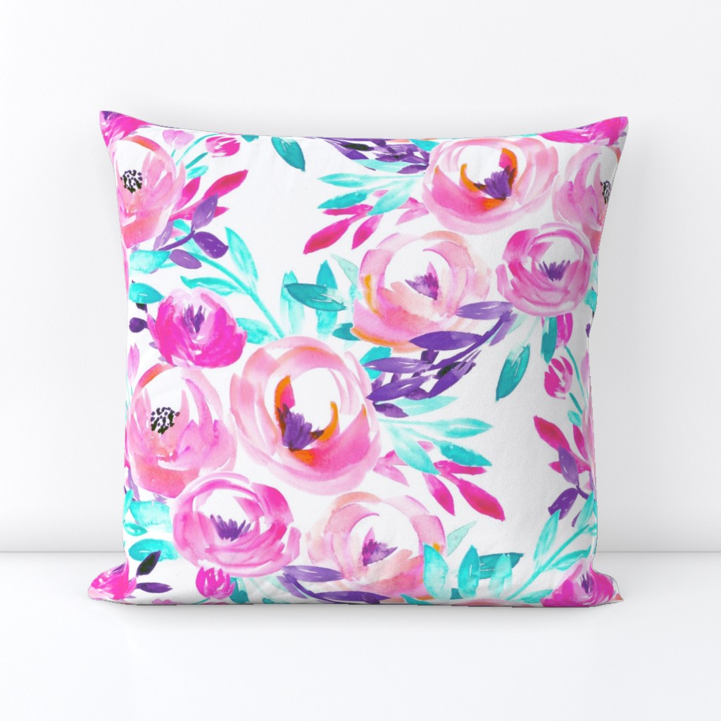 Pink Cyan Aqua Bright Watercolor Floral 