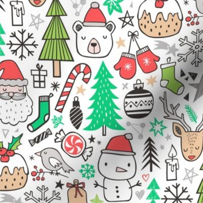 Xmas Christmas Winter Doodle with Snowman, Santa, Deer, Snowflakes, Trees, Mittens Green Red