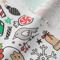 Xmas Christmas Winter Doodle with Snowman, Santa, Deer, Snowflakes, Trees, Mittens Green Red