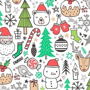 Xmas Christmas Winter Doodle with Snowman, Santa, Deer, Snowflakes, Trees, Mittens Green Red