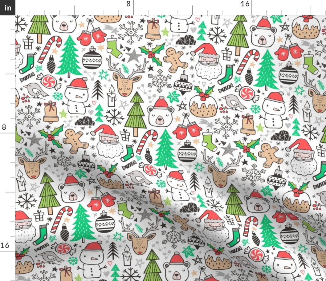 Xmas Christmas Winter Doodle with Snowman, Santa, Deer, Snowflakes, Trees, Mittens Green Red