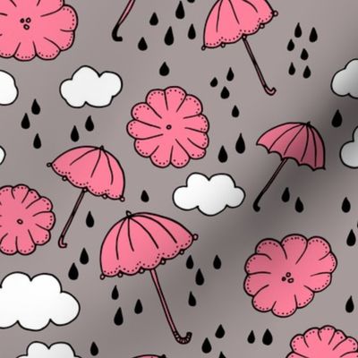 Rainy day head in the clouds umbrella love  illustration pink pattern design