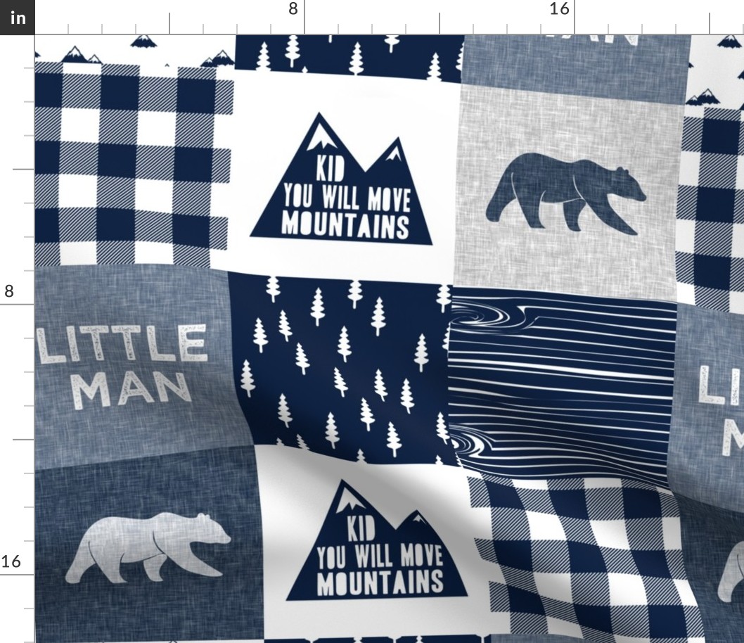 Little Man & You Will Move Mountains Quilt Top - Navy (bear)