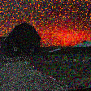 Country Sunrise Barn Silhouette POINTILLISM meets VAN GOGH