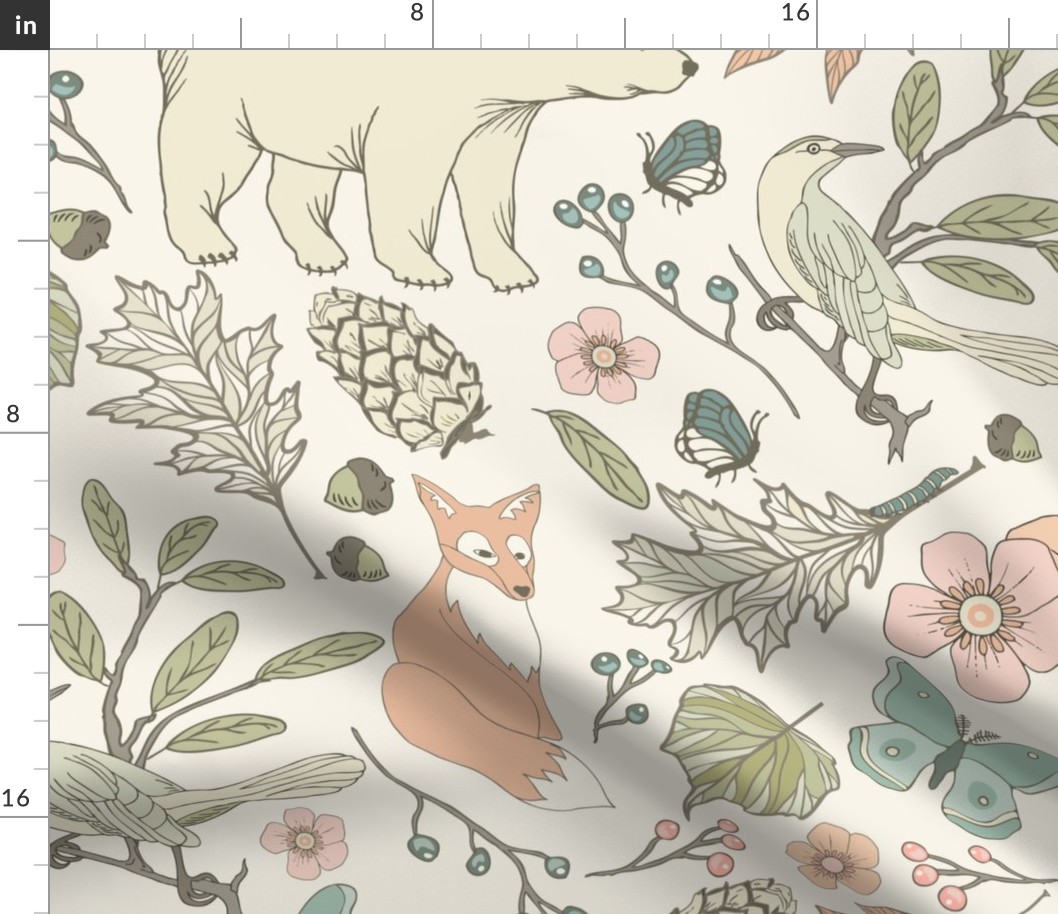 Autumn Pastel - Jumbo - Cream … woodland, baby nursery, bear, fox, bird, butterfly, pastel, toile