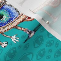 pointillism eye guy monster, large scale, green turquoise teal emerald 