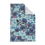 2024 Blue blooms and black bird tea towel calendar