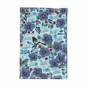 2024 Blue blooms and black bird tea towel calendar