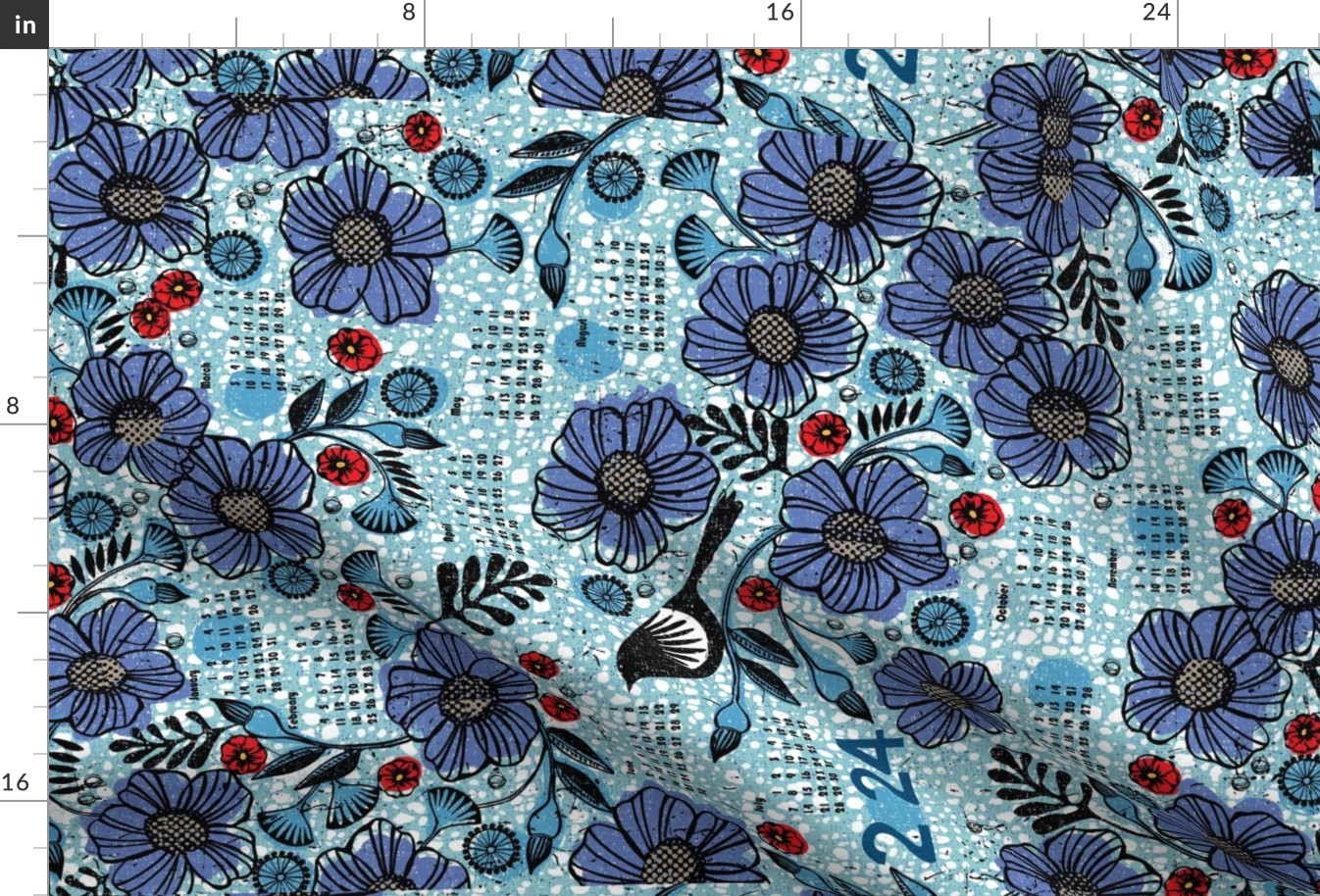 2024 Blue blooms and black bird tea towel calendar