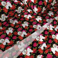  Bichon Frise on  red and pink rose floral