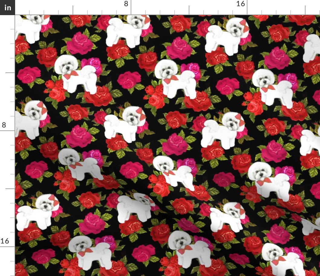  Bichon Frise on  red and pink rose floral