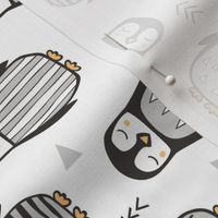 Penguins Black&White  with Sweater Geometric and Triangles  in Grey on White Rotated