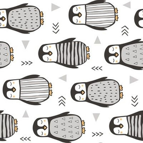 Penguins Black&White  with Sweater Geometric and Triangles  in Grey on White Rotated