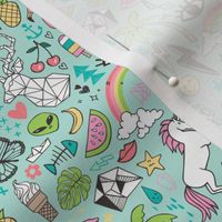 Summer Doodle Geometric Triangle Deer & Unicorn Rainbow Cactus Flamingo Pineapple on Mint Green Smaller