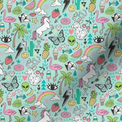 Summer Doodle Geometric Triangle Deer & Unicorn Rainbow Cactus Flamingo Pineapple on Mint Green Smaller