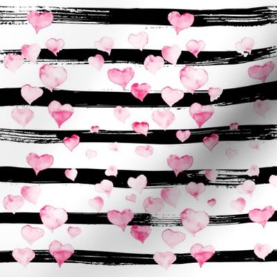 Small // Watercolor Pink Hearts on Black Stripes