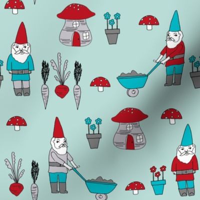 gnome garden // mushroom gnome fairytale fabric cute gnome characters - mint