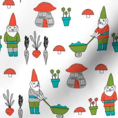gnome garden // mushroom gnome fairytale fabric cute gnome characters - turquoise, green, red