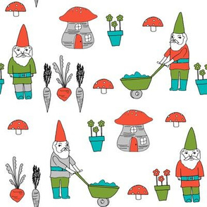 gnome garden // mushroom gnome fairytale fabric cute gnome characters - turquoise, green, red