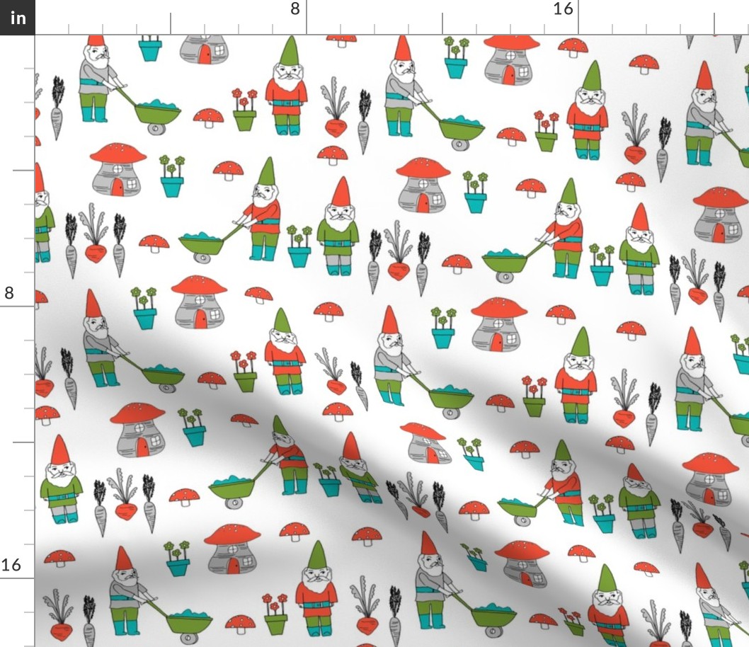 gnome garden // mushroom gnome fairytale fabric cute gnome characters - turquoise, green, red