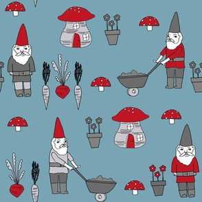 gnome garden // mushroom gnome fairytale fabric cute gnome characters - blue