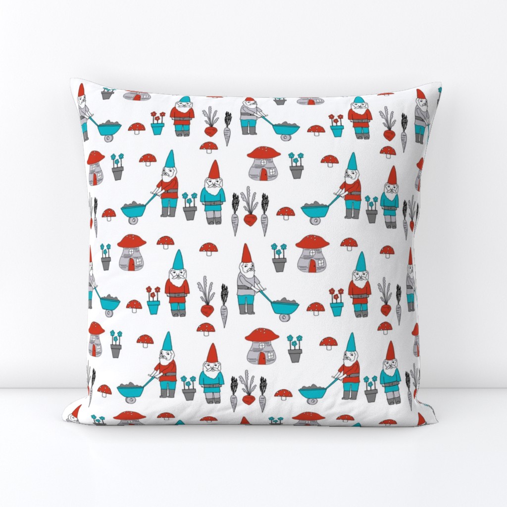 gnome garden // mushroom gnome fairytale fabric cute gnome characters - turquoise and red