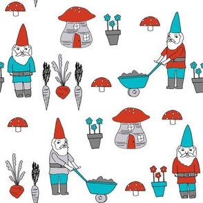 gnome garden // mushroom gnome fairytale fabric cute gnome characters - turquoise and red