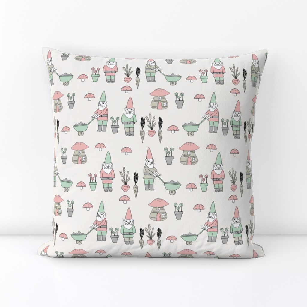 gnome garden // mushroom gnome fairytale fabric cute gnome characters - pink and mint