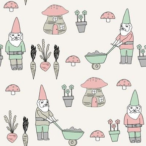 gnome garden // mushroom gnome fairytale fabric cute gnome characters - pink and mint