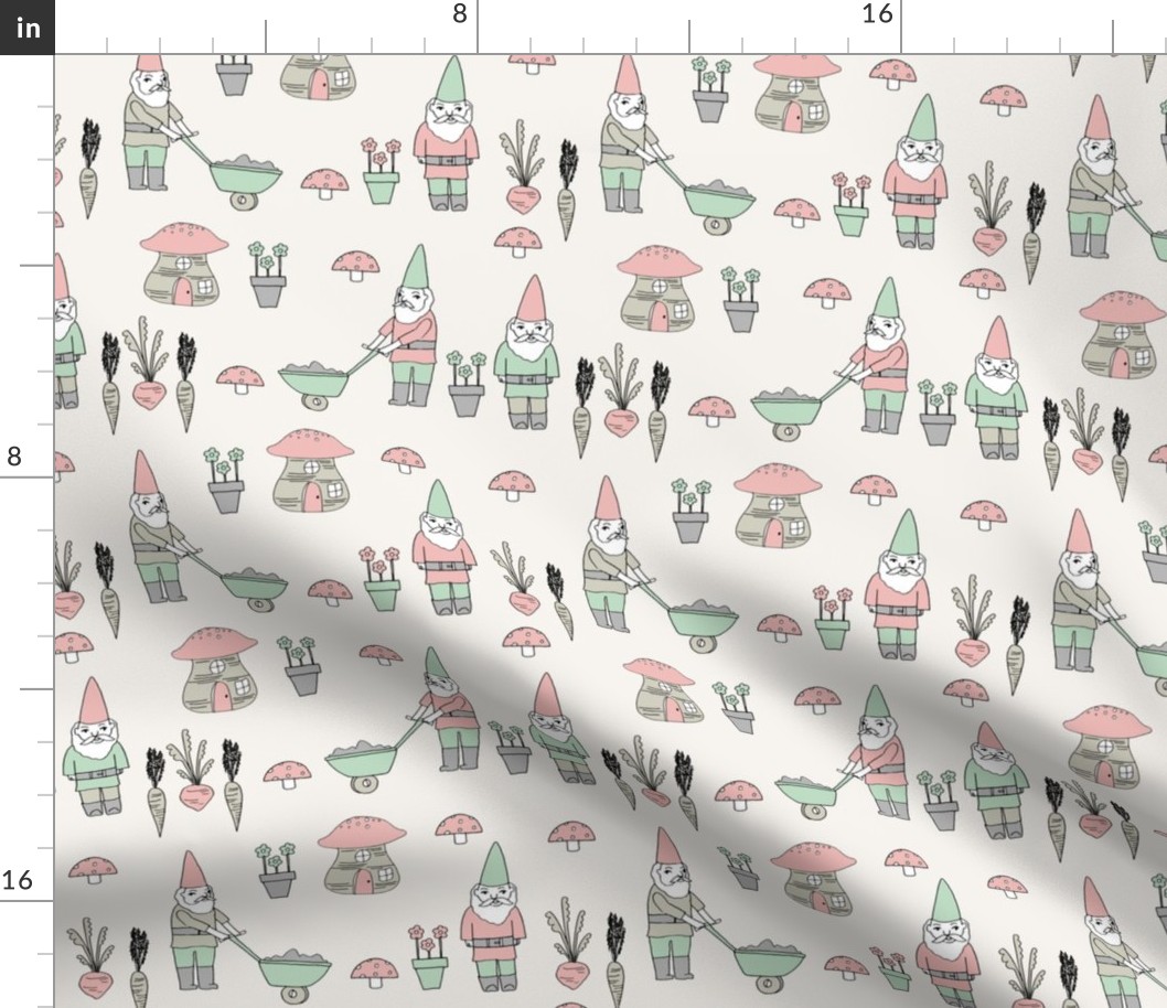 gnome garden // mushroom gnome fairytale fabric cute gnome characters - pink and mint