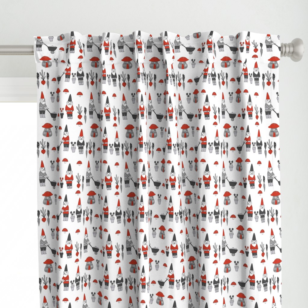 gnome garden // mushroom gnome fairytale fabric cute gnome characters - red and grey