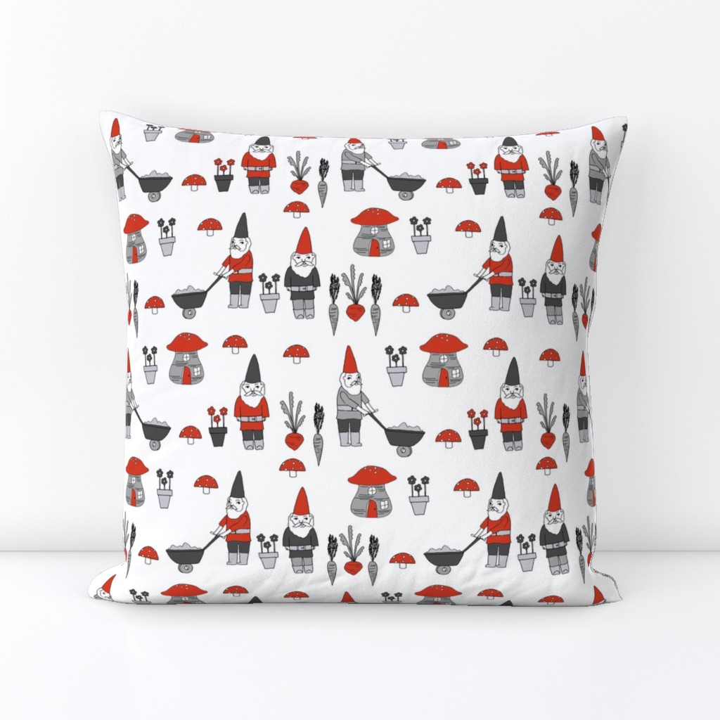 gnome garden // mushroom gnome fairytale fabric cute gnome characters - red and grey