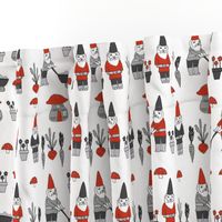 gnome garden // mushroom gnome fairytale fabric cute gnome characters - red and grey