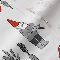 gnome garden // mushroom gnome fairytale fabric cute gnome characters - red and grey