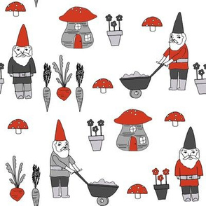 gnome garden // mushroom gnome fairytale fabric cute gnome characters - red and grey