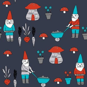 gnome garden // mushroom gnome fairytale fabric cute gnome characters - dark blue